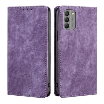 Purple magnetic leather phone case with camera opening and flip cover, dual-side view
