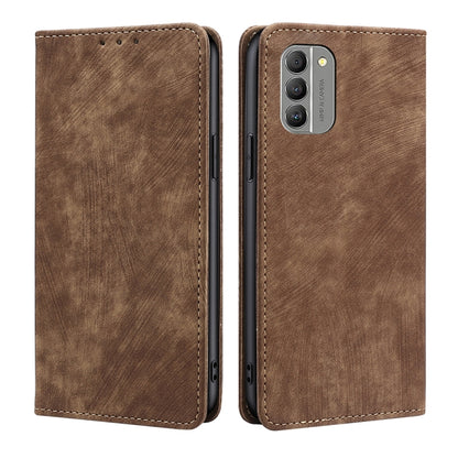 Brown magnetic leather phone case with camera opening and flip cover, dual-side view