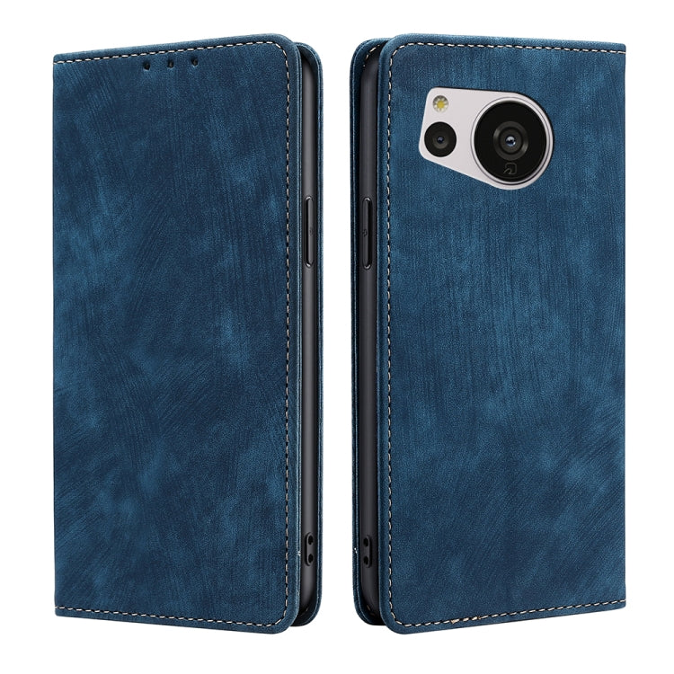 Blue magnetic leather phone case with large camera opening and flip cover, dual view