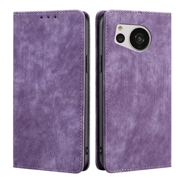 Purple magnetic leather phone case with large camera opening and flip cover, front/back view