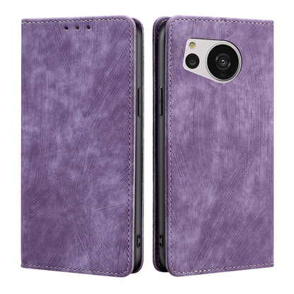 Purple magnetic leather phone case with large camera opening and flip cover, front/back view