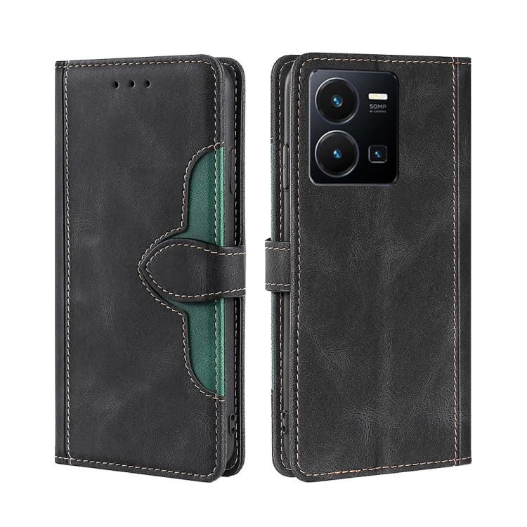 Black leather magnetic buckle phone case with teal accent strap and stitched edges