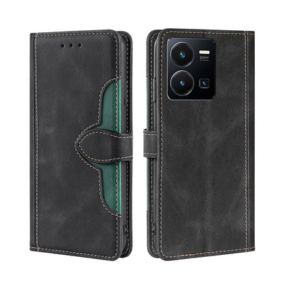 Black leather magnetic buckle phone case with teal accent strap and stitched edges