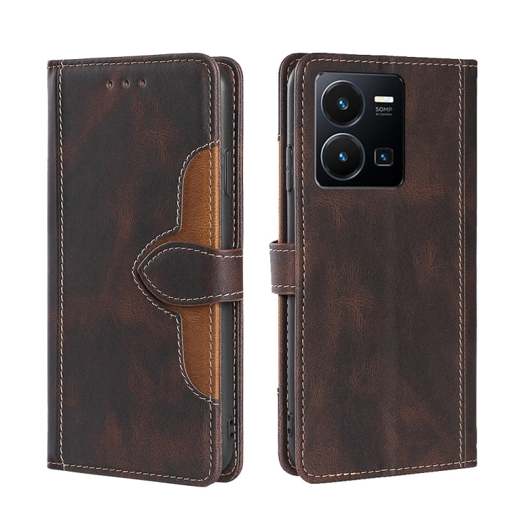 Brown leather magnetic buckle phone case with stitched edges and camera cutout