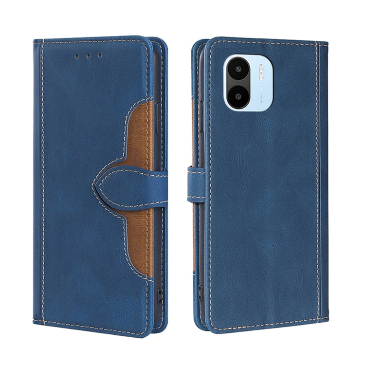 Blue leather phone case with magnetic buckle; back camera opening with raised frame