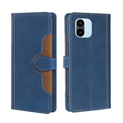 Blue leather phone case with magnetic buckle; back camera opening with raised frame