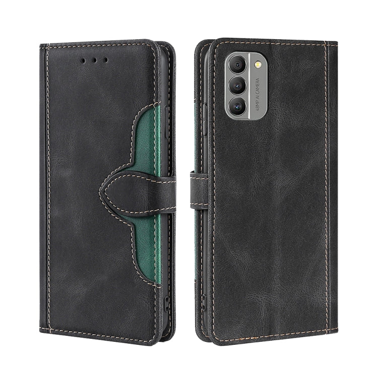 Black leather flip phone case with magnetic buckle, teal accent, and camera opening
