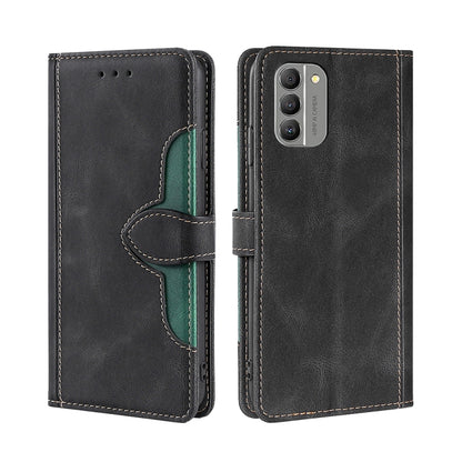 Black leather flip phone case with magnetic buckle, teal accent, and camera opening