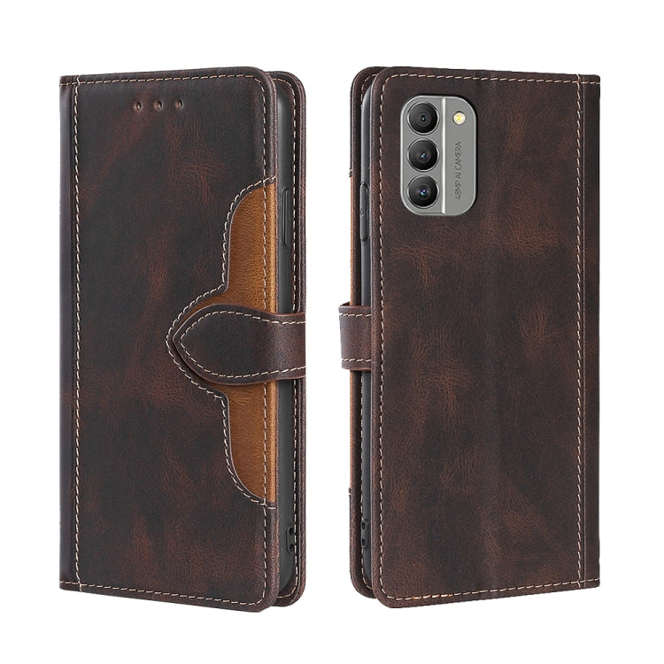 Dark brown leather phone case with magnetic buckle; camera cutout on back
