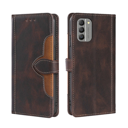 Dark brown leather phone case with magnetic buckle; camera cutout on back