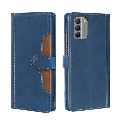 Blue leather phone case with magnetic buckle and stitched folio front flap