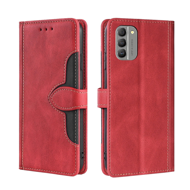 Red leather phone case with magnetic buckle and stitched folio cover panel
