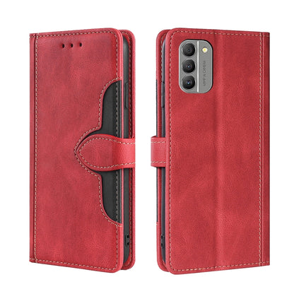 Red leather phone case with magnetic buckle and stitched folio cover panel