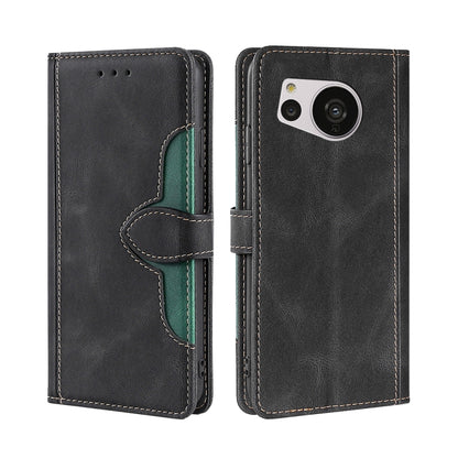 Black leather magnetic buckle phone case with teal accent and dual camera cutout