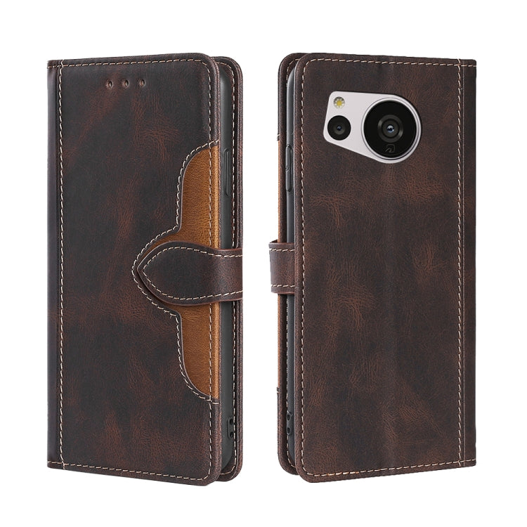Dark brown leather phone case with magnetic buckle and stitched card-slot style panel