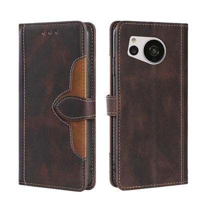 Dark brown leather phone case with magnetic buckle and stitched card-slot style panel