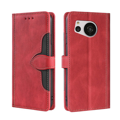 Red leather phone case with magnetic buckle, card slots, and camera cutout
