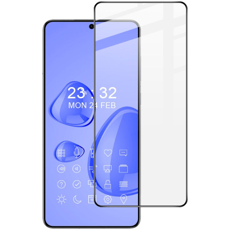Full coverage tempered glass screen protector for smartphone, front view with overlay