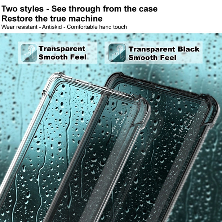 Clear TPU phone case showing smooth, see-through fit with flexible shockproof corners