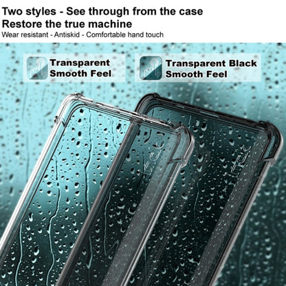 Clear TPU phone case showing smooth, see-through fit with flexible shockproof corners