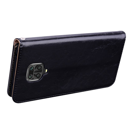 Black leather horizontal flip phone case with camera cutout, slim profile, stitched border.