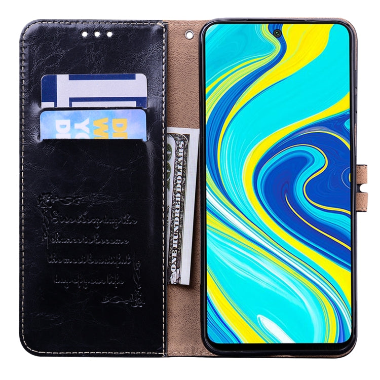 Black leather wallet flip phone case with internal card slots, phone screen visible, clasp shown.