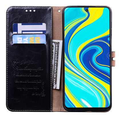 Black leather wallet flip phone case with internal card slots, phone screen visible, clasp shown.