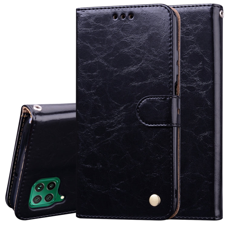 Black leather flip phone case with card slot flap, magnetic clasp, camera cutout, open view.