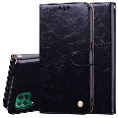 Black leather flip phone case with card slot flap, magnetic clasp, camera cutout, open view.