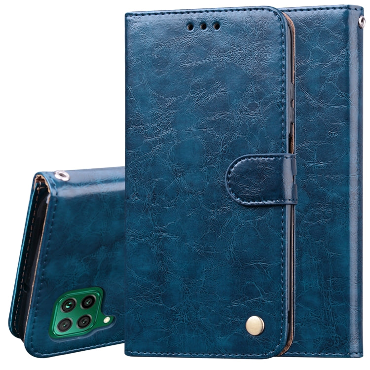 Blue leather-style flip phone wallet case with card slot and camera cutout