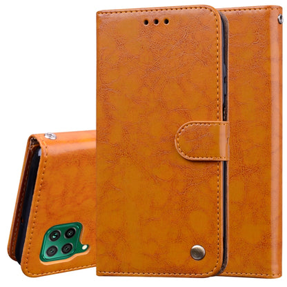 Orange leather-style flip phone wallet case with camera cutout and card holder