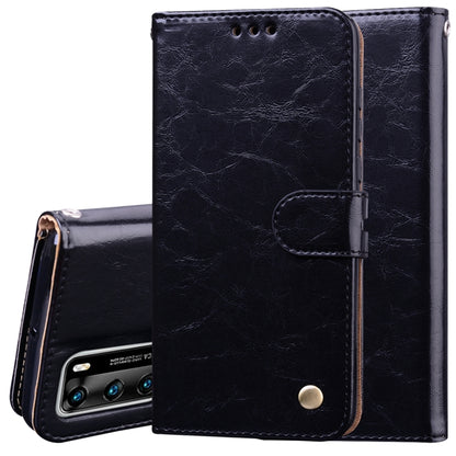 Black leather flip phone wallet case with card slot flap, camera cutout, snap button closure.