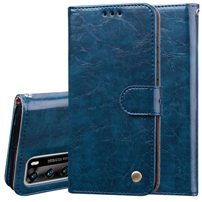 Blue leather-style flip phone wallet case showing inner card holder and snap button