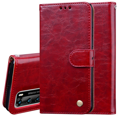 Red leather-style flip phone wallet case with inner card slot and snap fastener