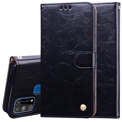 Black leather flip phone case with card slots, magnetic clasp, camera cutout, open back view.