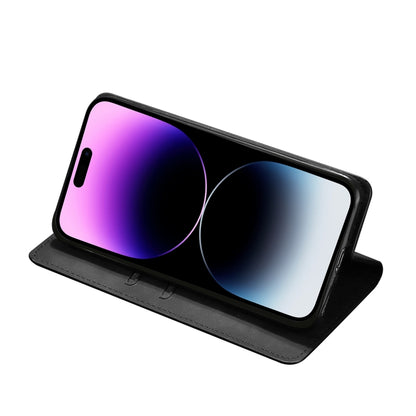 Black magnetic leather phone case with flip stand for angled screen viewing