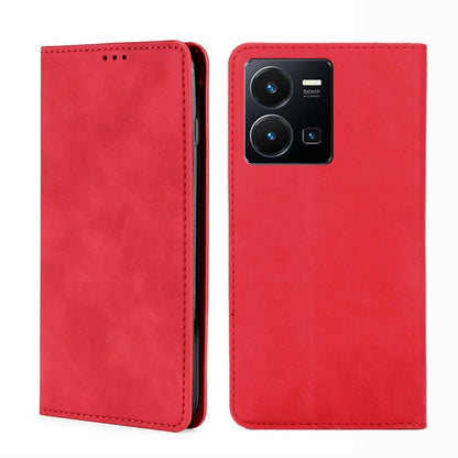 Red magnetic leather phone case with camera cutout and stitched edges