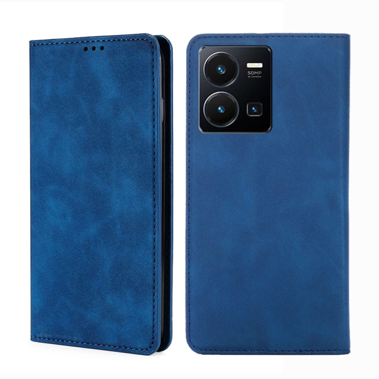 Blue magnetic leather phone case with camera cutout and stitched edges