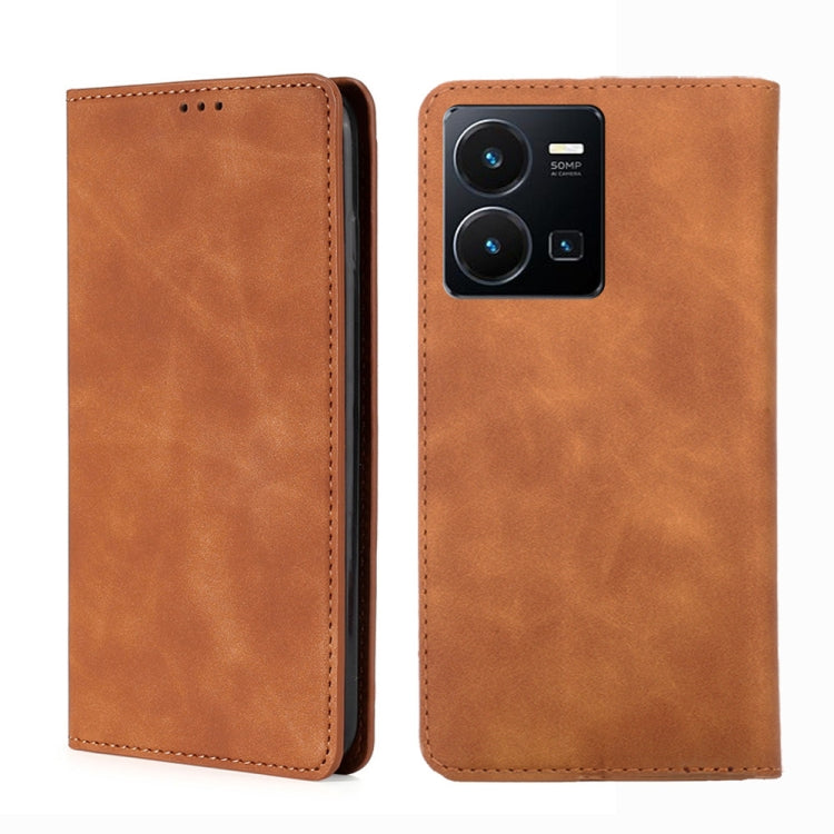 Light brown magnetic leather phone case with camera cutout and stitched border