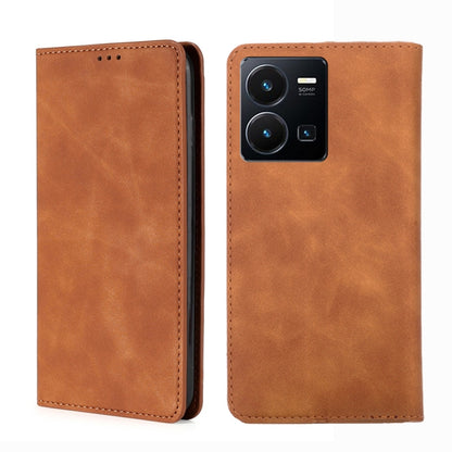 Light brown magnetic leather phone case with camera cutout and stitched border