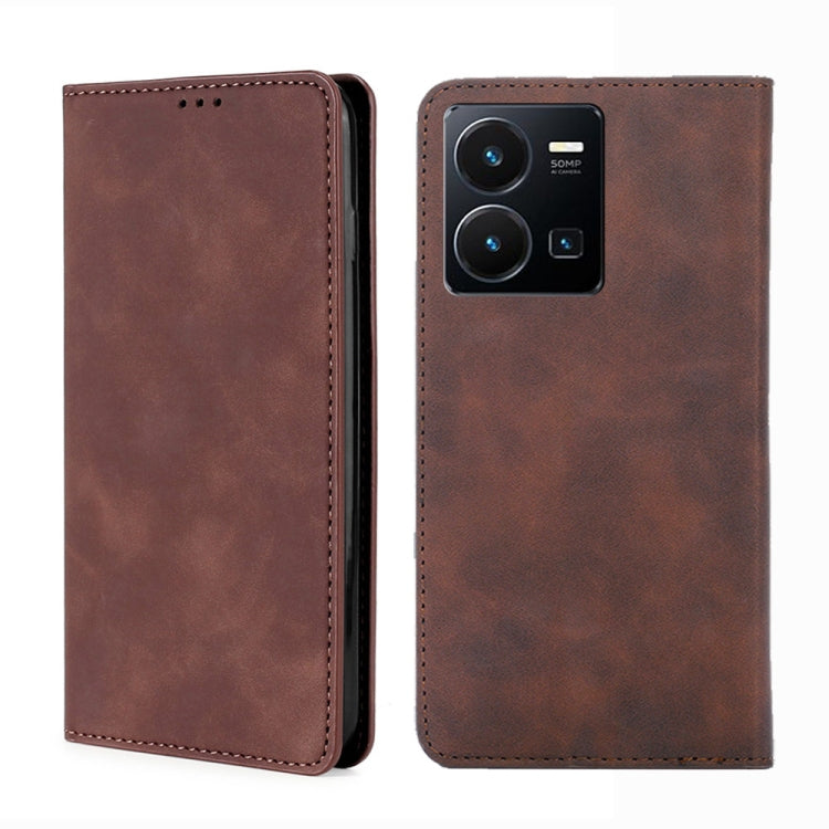 Dark brown magnetic leather phone case with camera cutout and stitched border