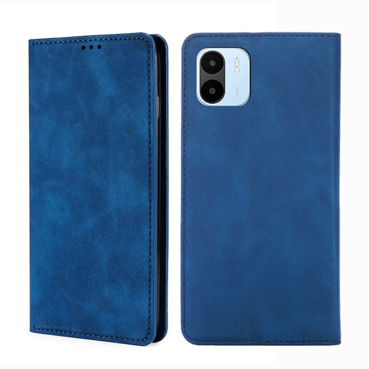 Blue leather folio phone case with stitched edges and cutouts for camera and speaker