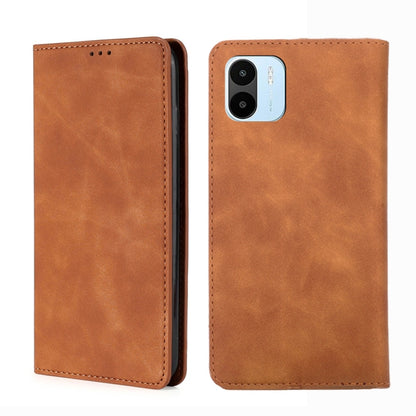 Light brown leather folio phone case with stitched edges and camera cutout