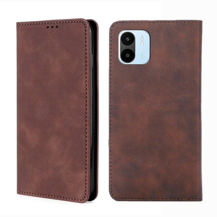 Dark brown leather folio phone case with stitched edges and camera cutout