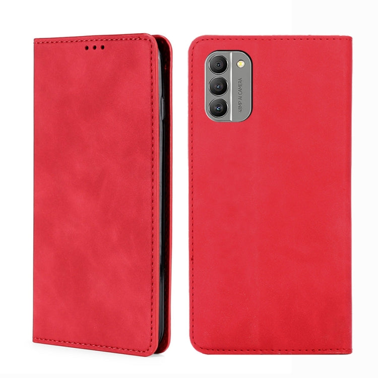 Red leather folio phone case with stitched edges and camera cutout