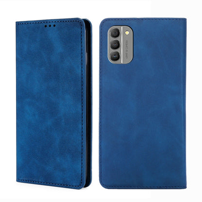 Blue leather folio phone case showing front and back with camera opening