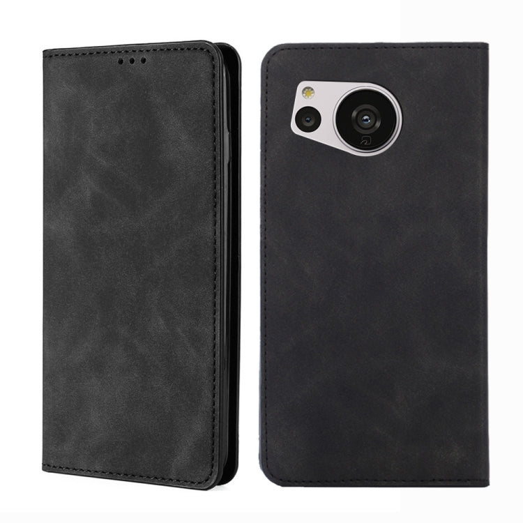 Black leather folio phone case showing front and back with large camera opening