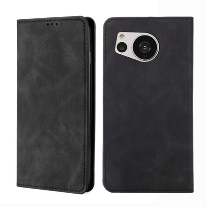 Black leather folio phone case showing front and back with large camera opening