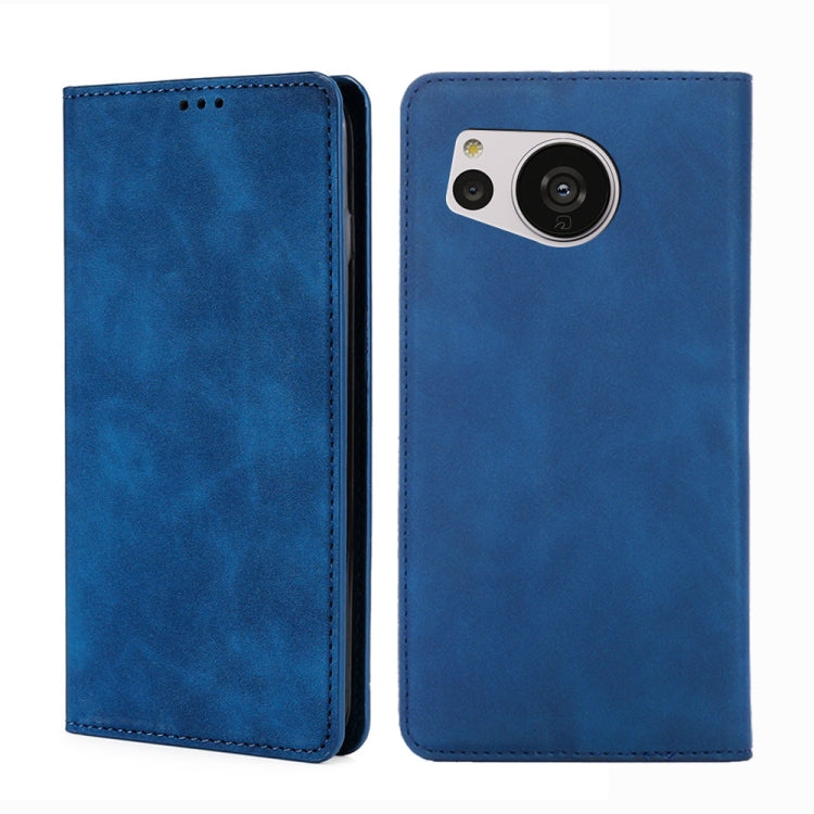 Blue leather magnetic phone case with camera cutout and stitched edges