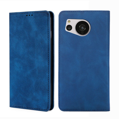 Blue leather magnetic phone case with camera cutout and stitched edges